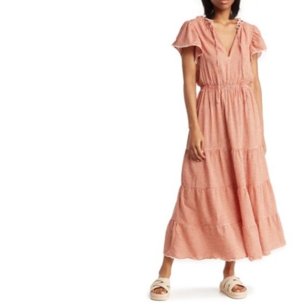 Max Studio Gingham Tiered Maxi Dress XL Red White Flutter Sleeve Pom Pom Trim